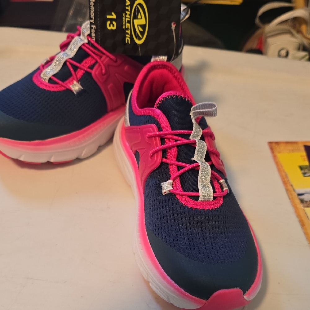 Athletic Works Navy and Hot Pink Kids Slip-On Sneakers with Silver Accents